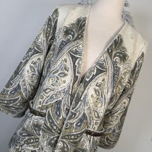 Chicos Size 1 US M Jacket Embellished Heritage Tweed Green Paisley 3/4 Sleeves